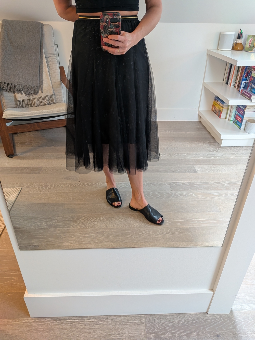Black Tulle Midi Skirt with Gold Waistband